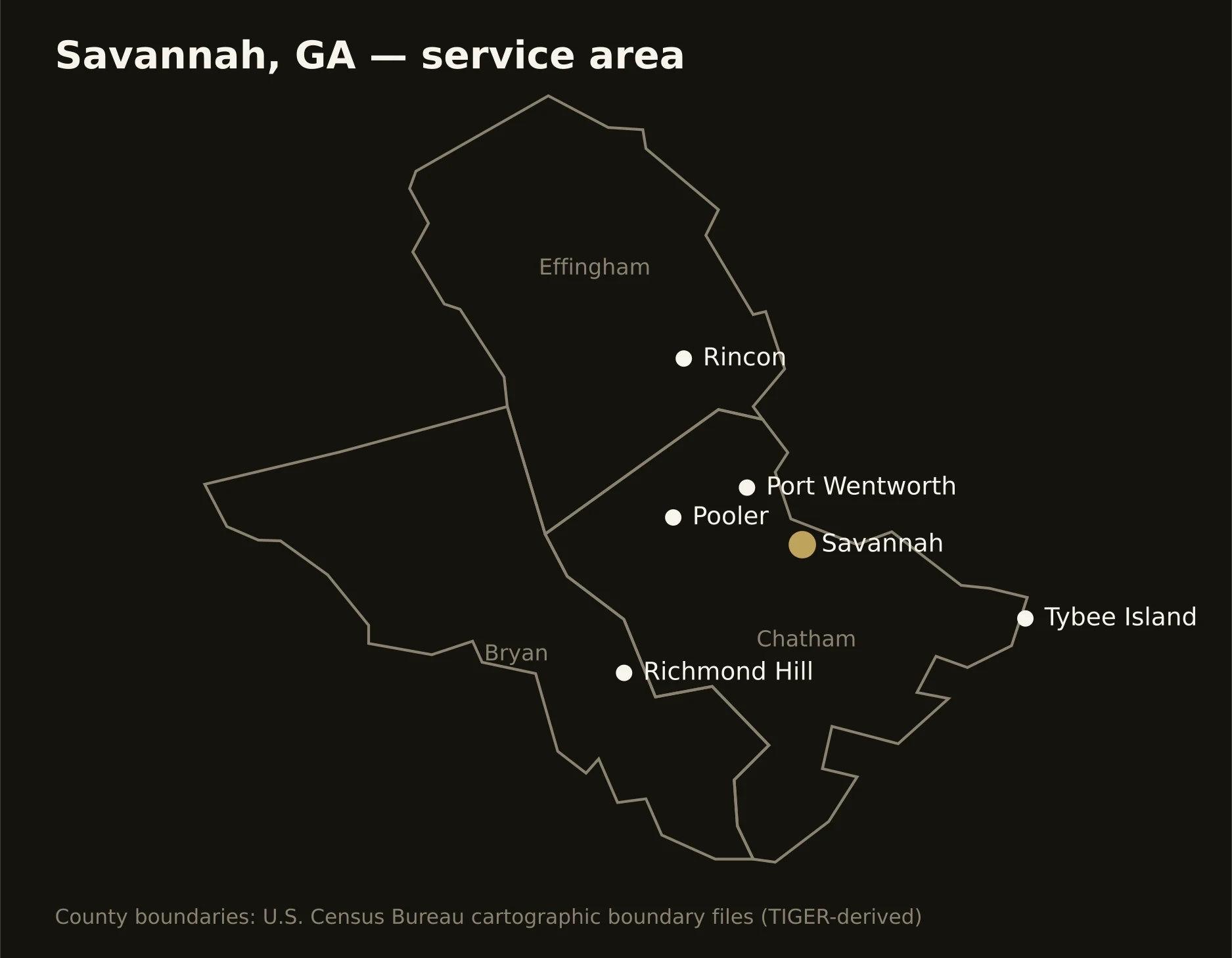 Savannah, GA directional drilling service area map — component counties and cities served